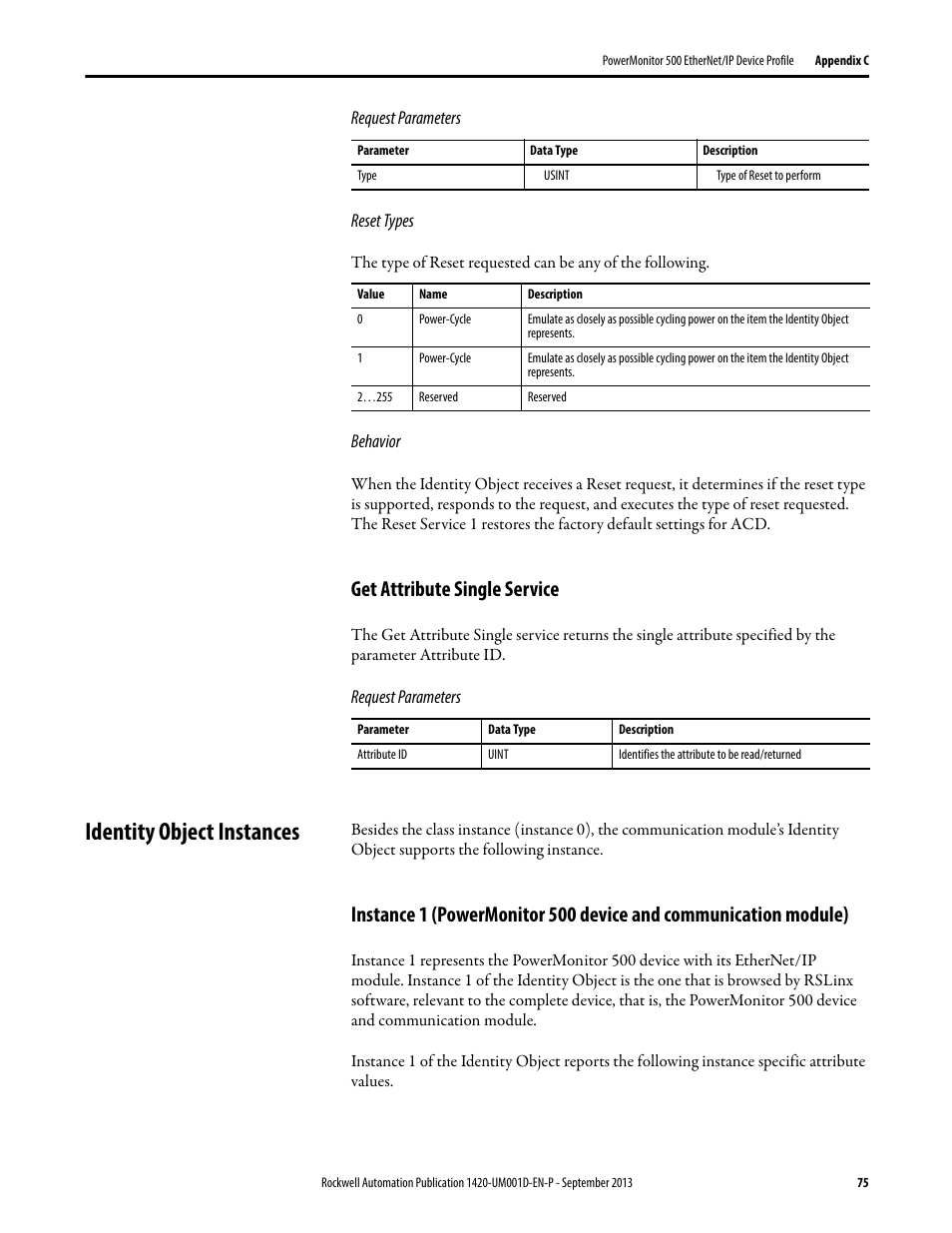 Get attribute single service, Identity object instances | Rockwell Automation 1420 PowerMonitor 500 User Manual | Page 75 / 86