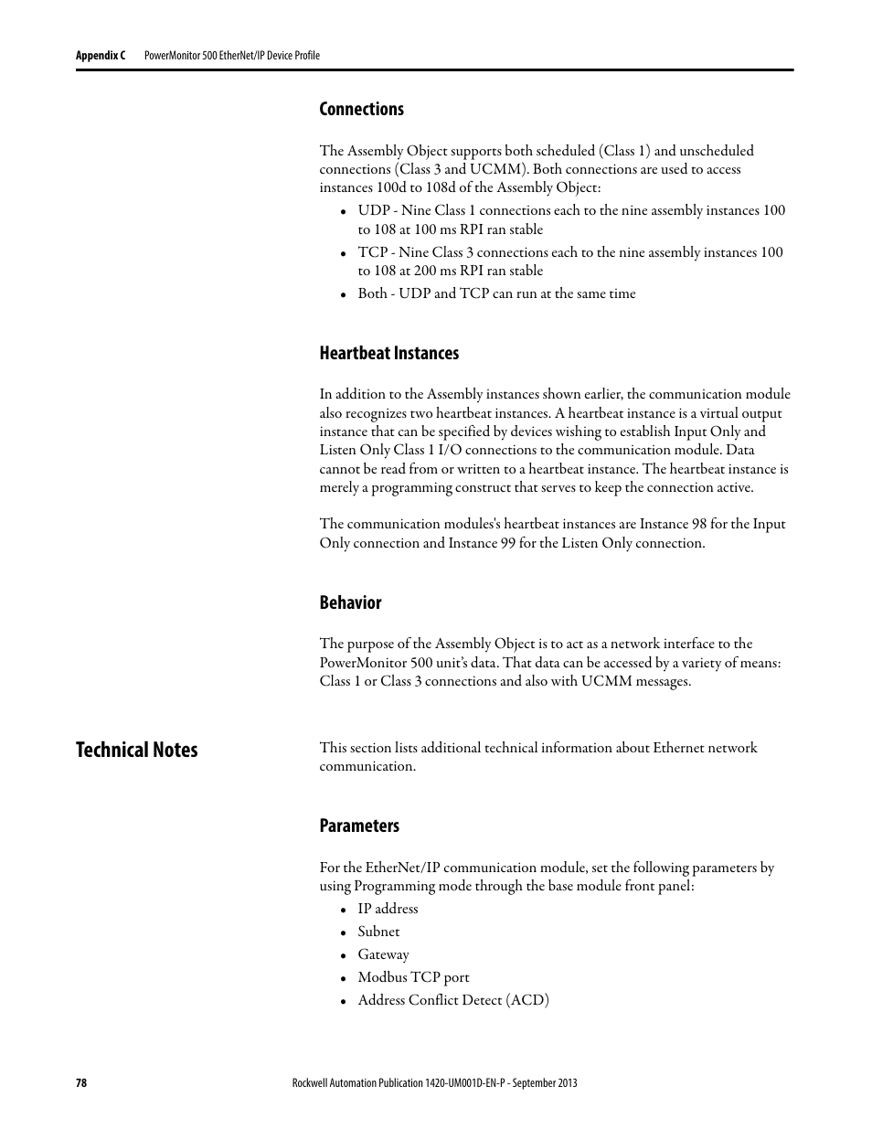 Connections, Heartbeat instances, Behavior | Technical notes, Parameters | Rockwell Automation 1420 PowerMonitor 500 User Manual | Page 78 / 86