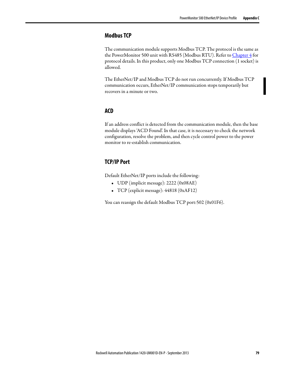 Modbus tcp, Tcp/ip port | Rockwell Automation 1420 PowerMonitor 500 User Manual | Page 79 / 86