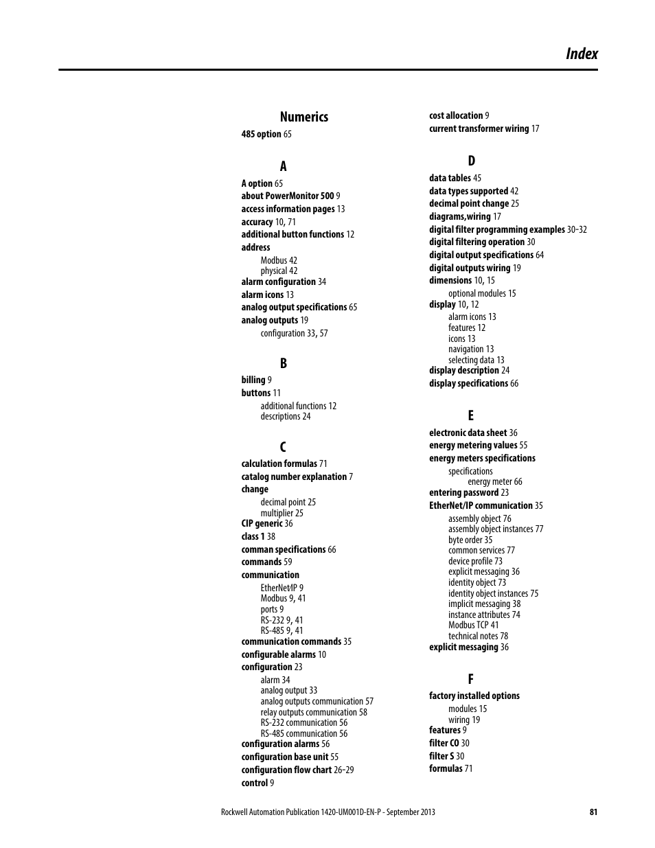 Index, Numerics | Rockwell Automation 1420 PowerMonitor 500 User Manual | Page 81 / 86