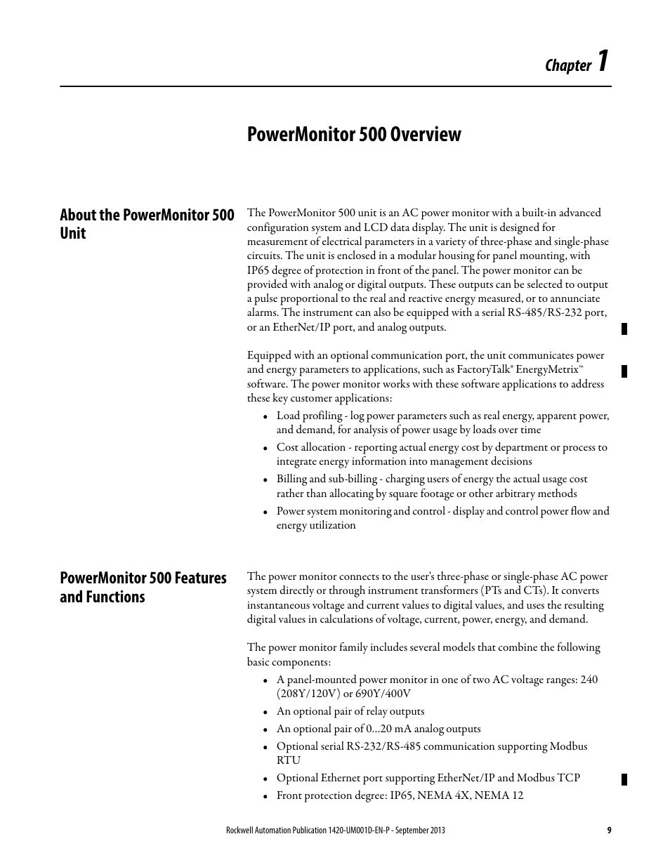 1 - powermonitor 500 overview, About the powermonitor 500 unit, Powermonitor 500 features and functions | Chapter 1, Powermonitor 500 overview, Chapter | Rockwell Automation 1420 PowerMonitor 500 User Manual | Page 9 / 86