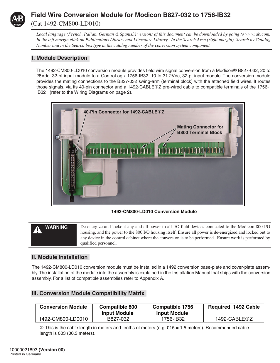 Rockwell Automation 1492-CM800-LD010 Field Wire Conv. Module for Modicon B827-032 to 1756-IB32 User Manual | 4 pages