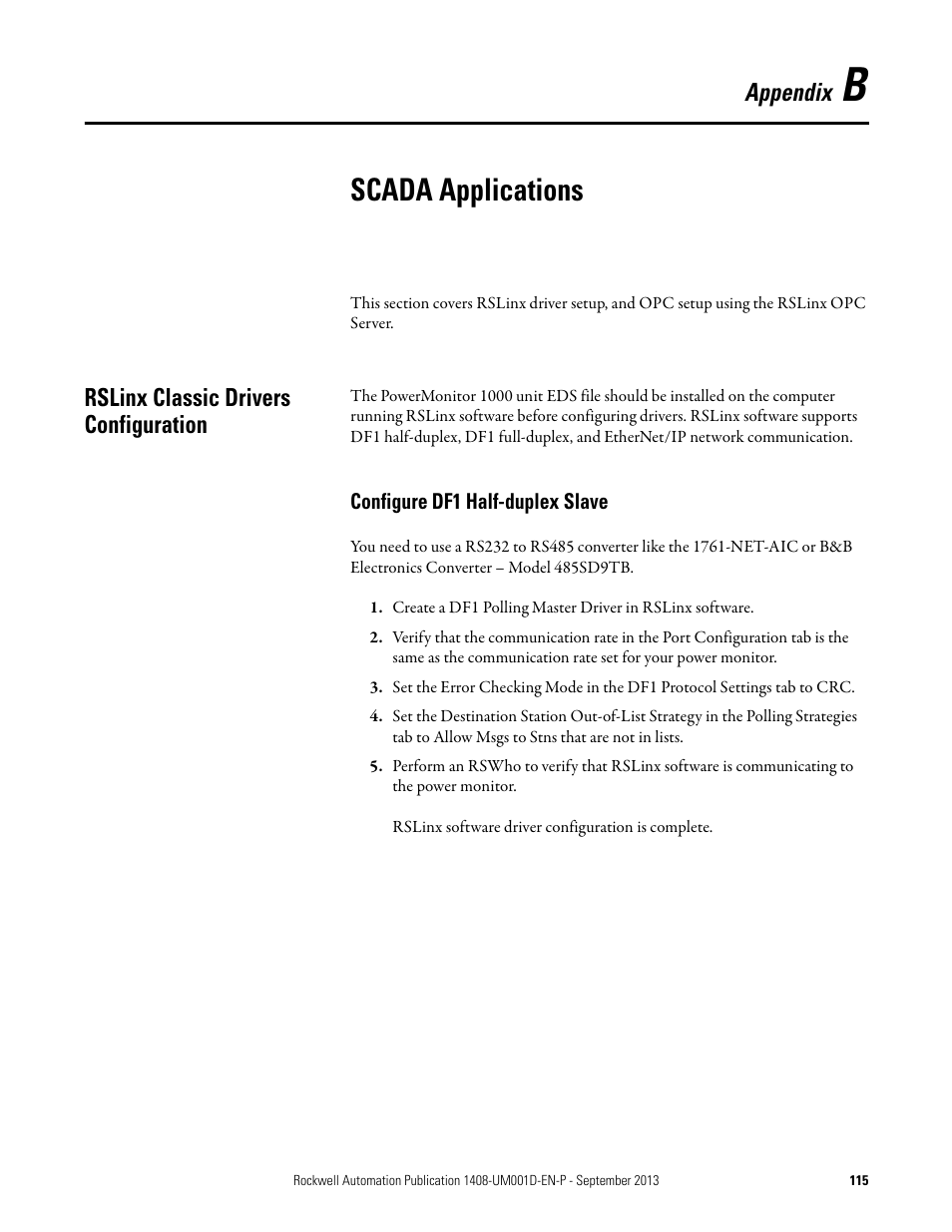 B - scada applications, Rslinx classic drivers configuration, Configure df1 half-duplex slave | Appendix b, Scada applications, Appendix | Rockwell Automation 1408-EMxx PowerMonitor 1000 Unit User Manual | Page 115 / 134