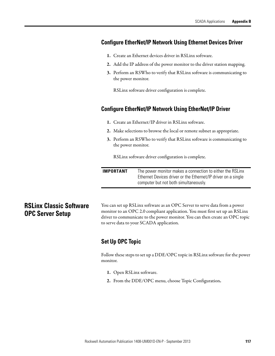 Rslinx classic software opc server setup, Set up opc topic | Rockwell Automation 1408-EMxx PowerMonitor 1000 Unit User Manual | Page 117 / 134