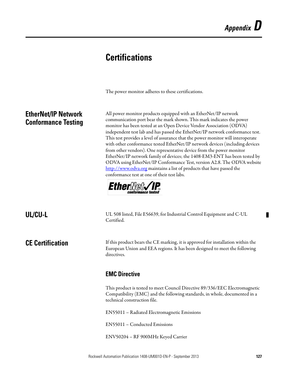 D - certifications, Ethernet/ip network conformance testing, Ul/cul | Ce certification, Appendix d, Certifications, Ul/c-ul, Appendix, Ul/cu-l | Rockwell Automation 1408-EMxx PowerMonitor 1000 Unit User Manual | Page 127 / 134