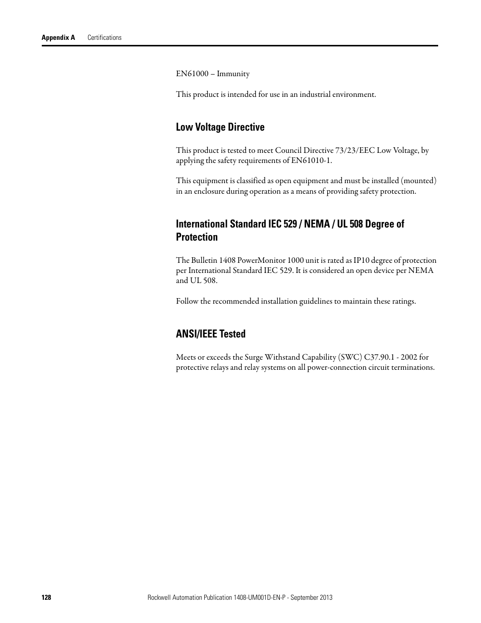 Low voltage directive, Ansi/ieee tested | Rockwell Automation 1408-EMxx PowerMonitor 1000 Unit User Manual | Page 128 / 134