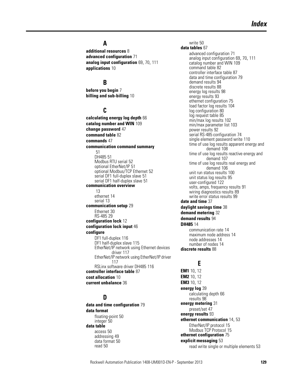 Index | Rockwell Automation 1408-EMxx PowerMonitor 1000 Unit User Manual | Page 129 / 134
