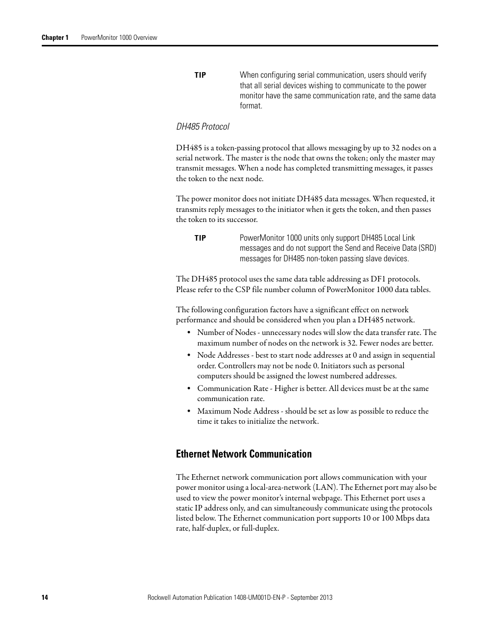 Ethernet network communication | Rockwell Automation 1408-EMxx PowerMonitor 1000 Unit User Manual | Page 14 / 134
