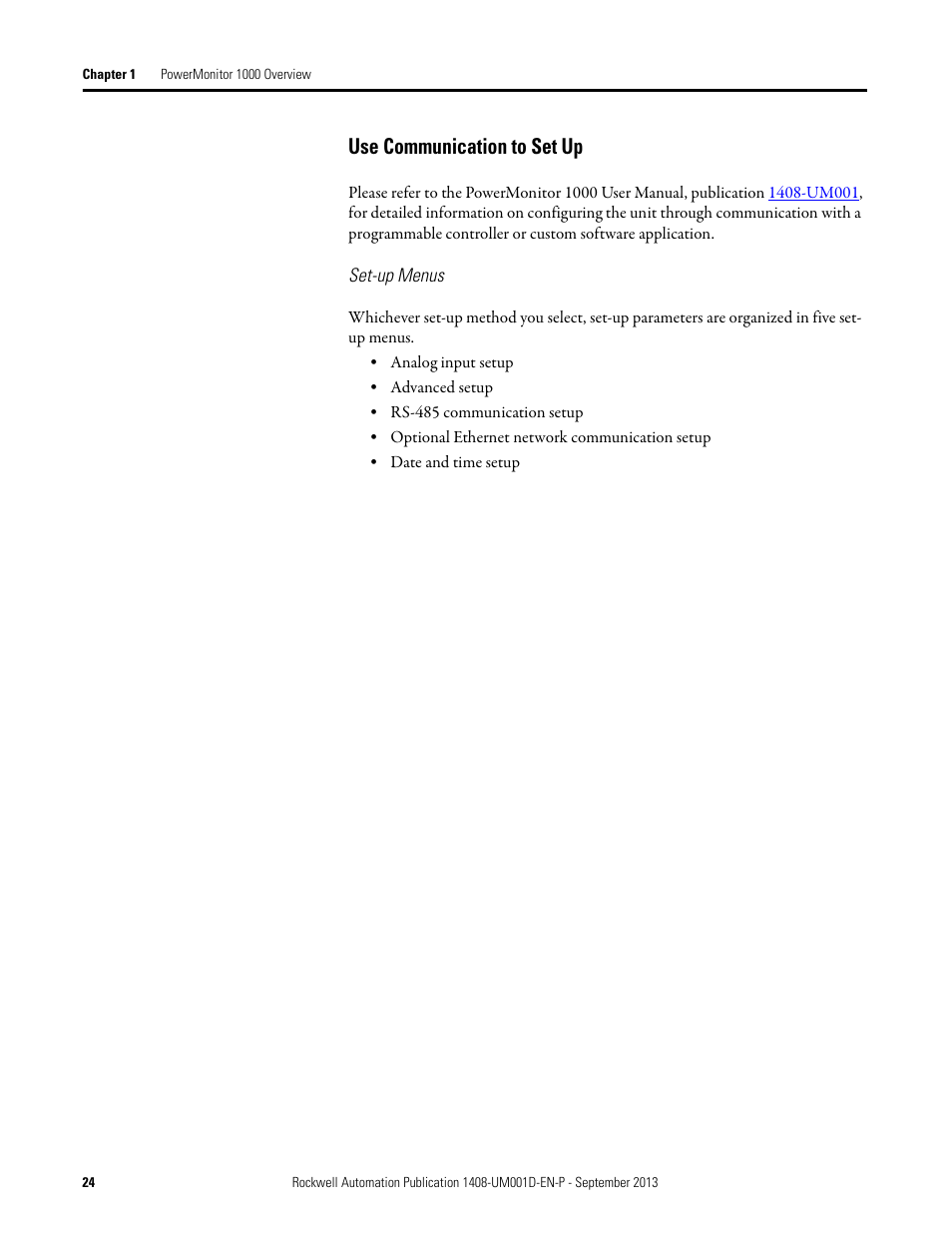 Use communication to set up | Rockwell Automation 1408-EMxx PowerMonitor 1000 Unit User Manual | Page 24 / 134