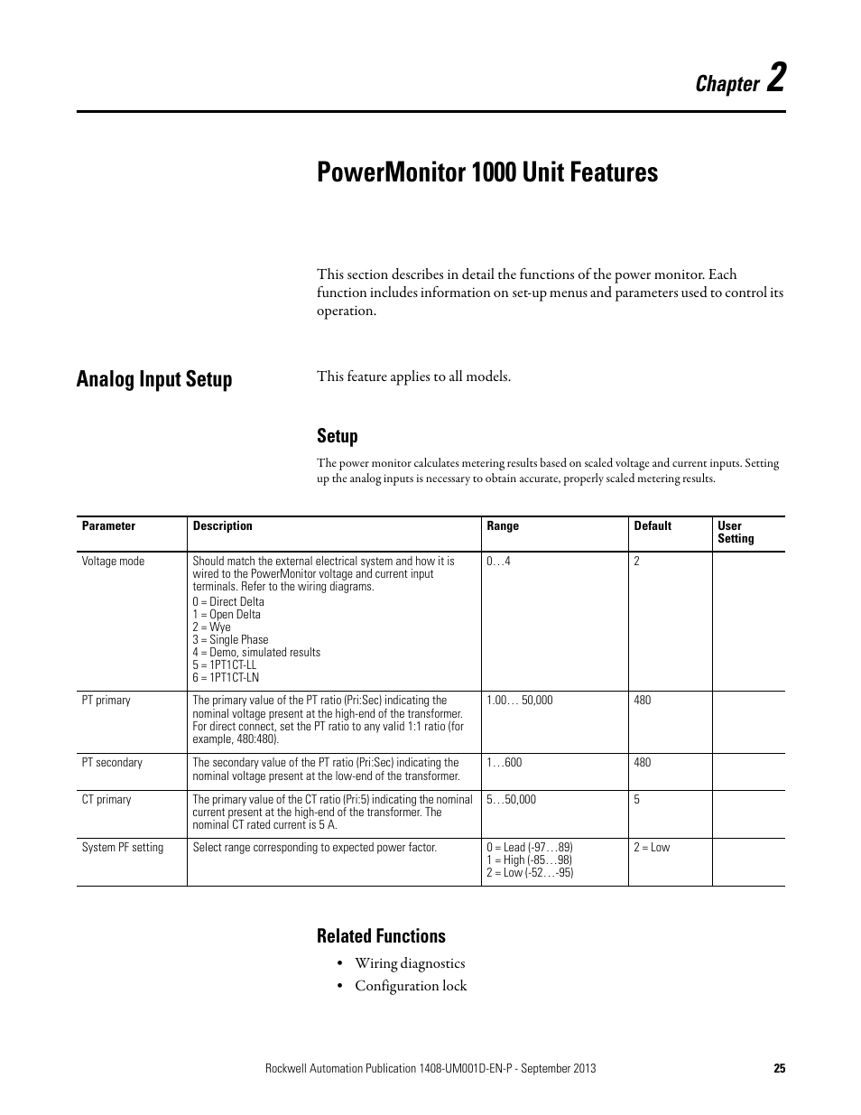 2 - powermonitor 1000 unit features, Analog input setup, Setup | Related functions, Chapter 2, Powermonitor 1000 unit, Features, Powermonitor 1000 unit features, Chapter | Rockwell Automation 1408-EMxx PowerMonitor 1000 Unit User Manual | Page 25 / 134