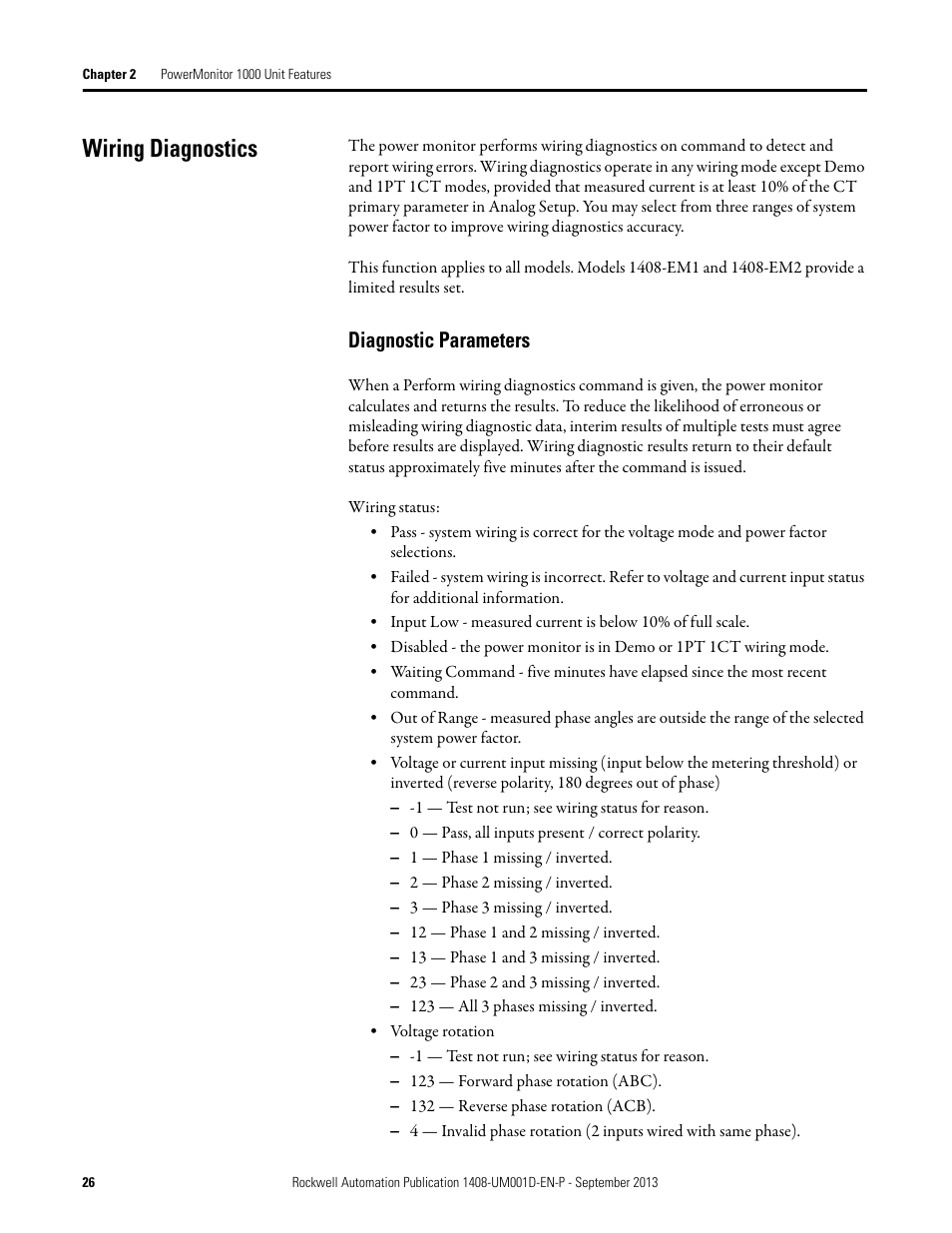 Wiring diagnostics, Diagnostic parameters | Rockwell Automation 1408-EMxx PowerMonitor 1000 Unit User Manual | Page 26 / 134