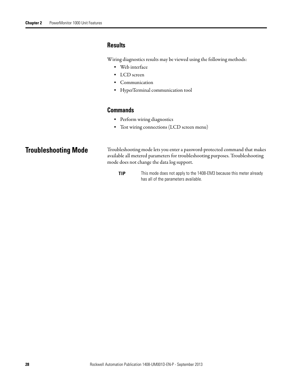Results, Commands, Troubleshooting mode | Refer to | Rockwell Automation 1408-EMxx PowerMonitor 1000 Unit User Manual | Page 28 / 134