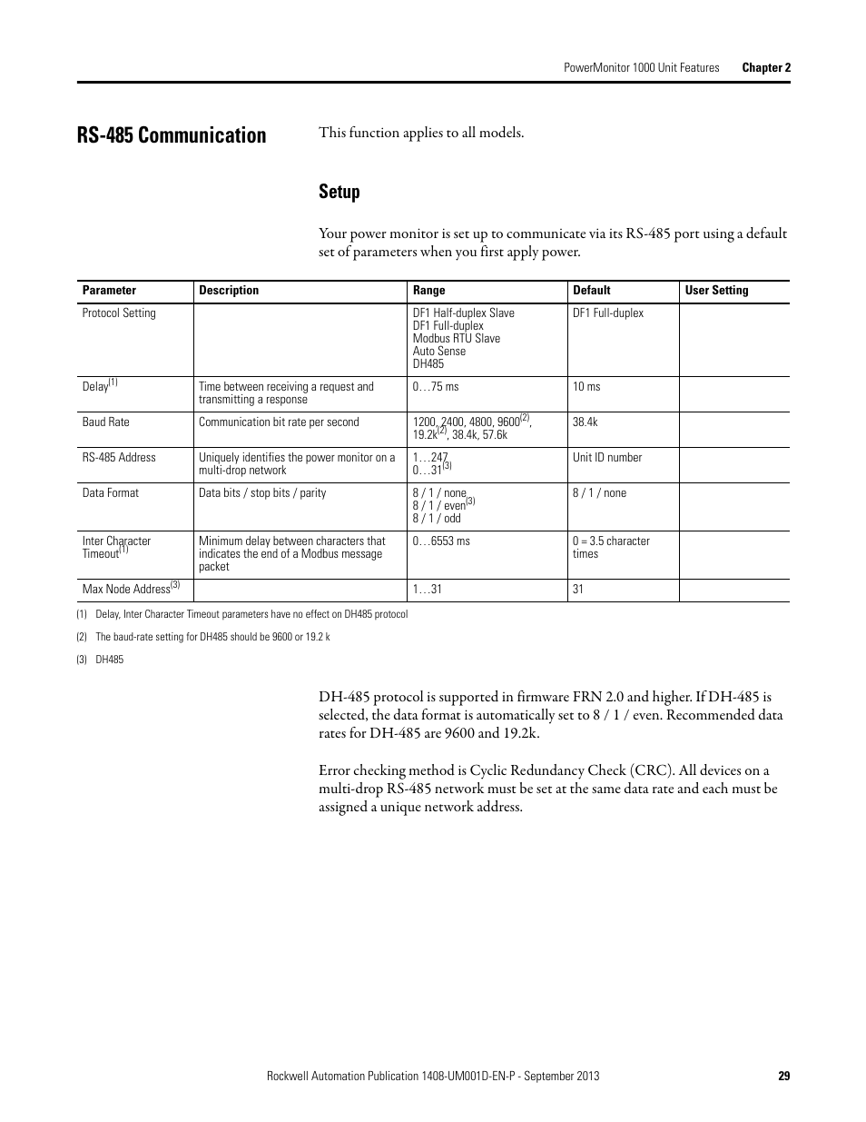 Rs-485 communication, Setup | Rockwell Automation 1408-EMxx PowerMonitor 1000 Unit User Manual | Page 29 / 134