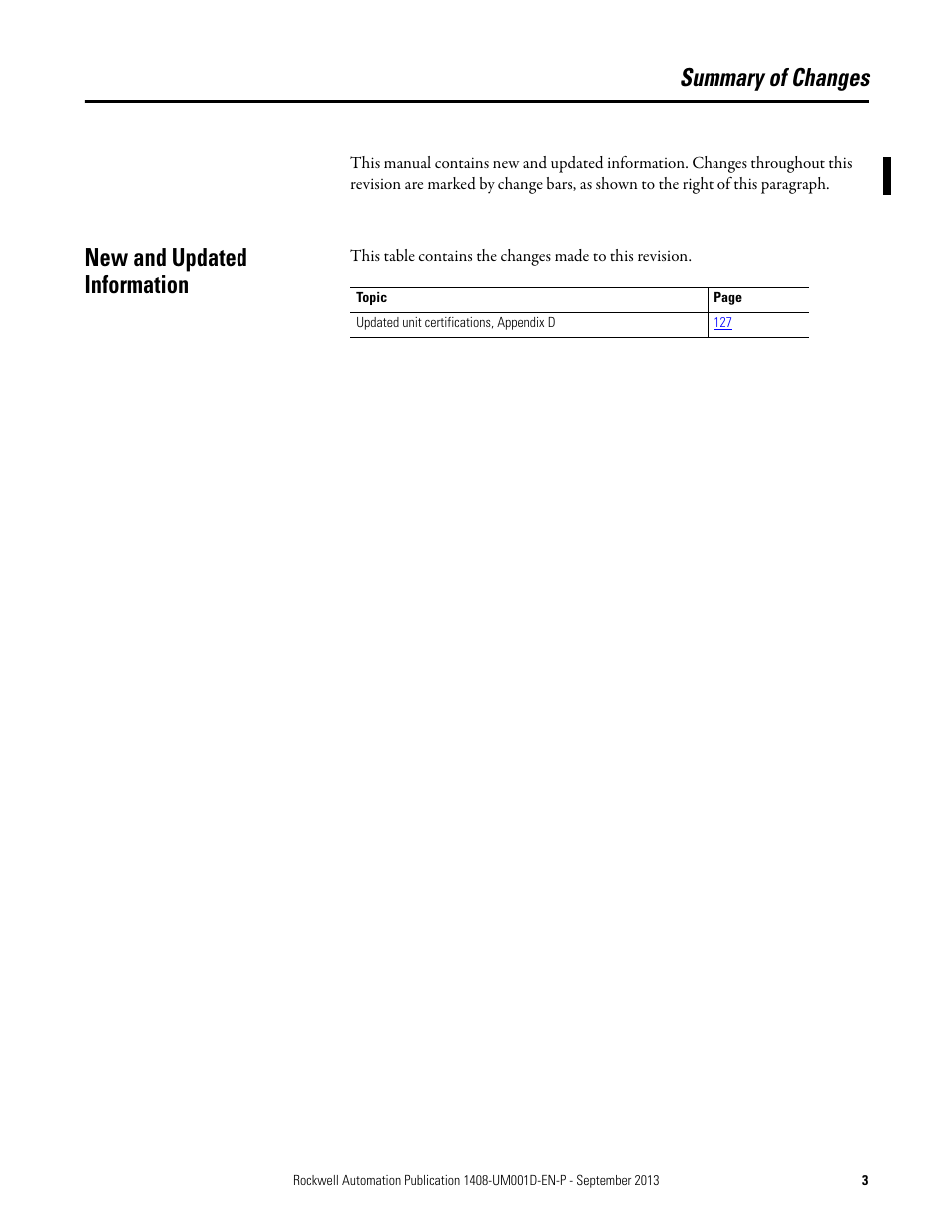 Summary of changes, New and updated information | Rockwell Automation 1408-EMxx PowerMonitor 1000 Unit User Manual | Page 3 / 134