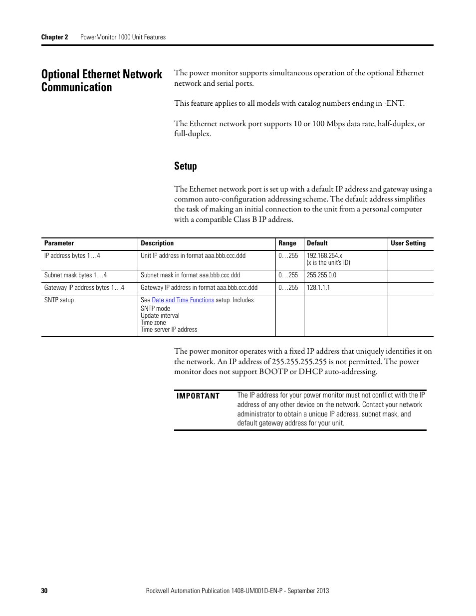 Optional ethernet network communication, Setup | Rockwell Automation 1408-EMxx PowerMonitor 1000 Unit User Manual | Page 30 / 134