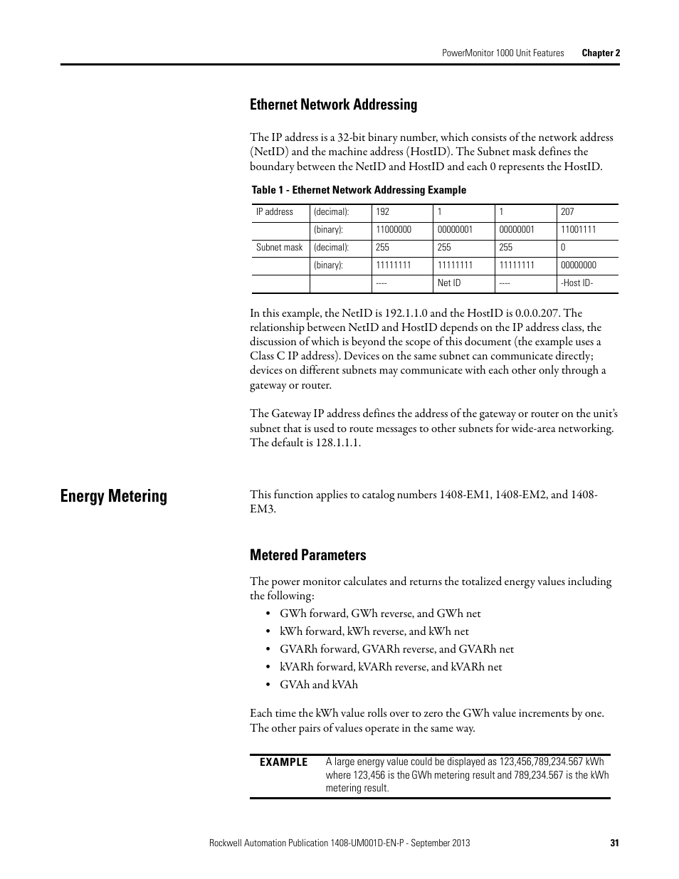 Ethernet network addressing, Energy metering, Metered parameters | Rockwell Automation 1408-EMxx PowerMonitor 1000 Unit User Manual | Page 31 / 134