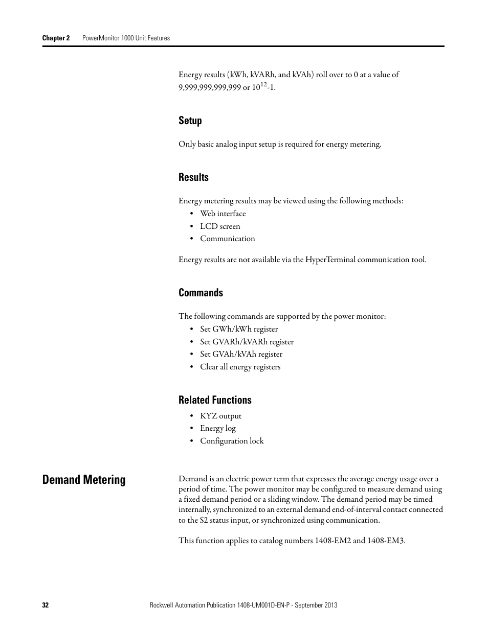 Setup, Results, Commands | Related functions, Demand metering | Rockwell Automation 1408-EMxx PowerMonitor 1000 Unit User Manual | Page 32 / 134