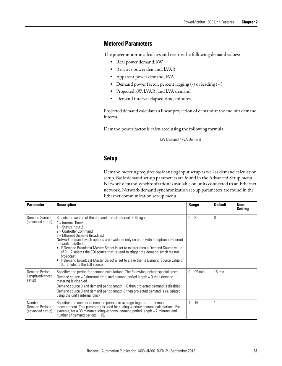 Metered parameters, Setup | Rockwell Automation 1408-EMxx PowerMonitor 1000 Unit User Manual | Page 33 / 134