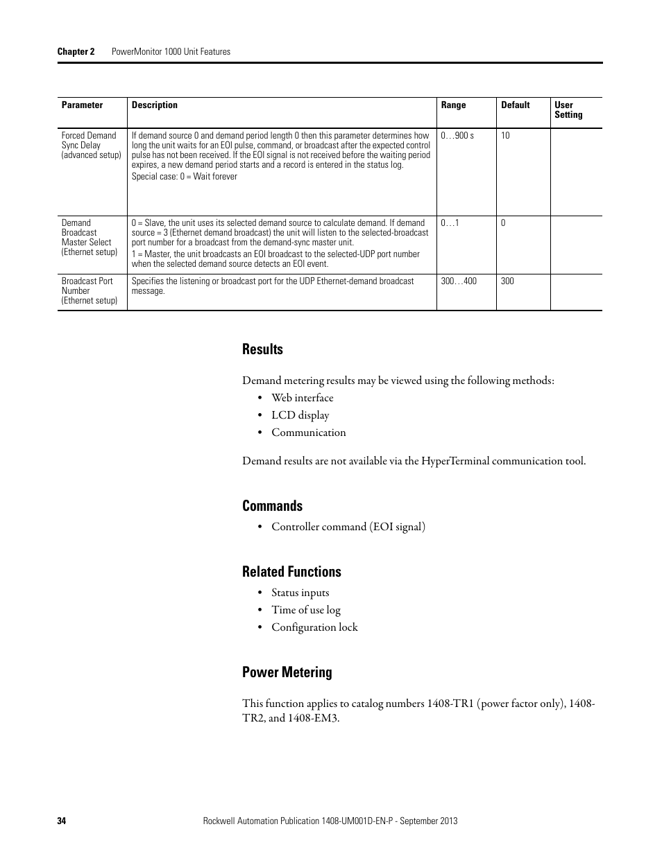 Results, Commands, Related functions | Power metering | Rockwell Automation 1408-EMxx PowerMonitor 1000 Unit User Manual | Page 34 / 134