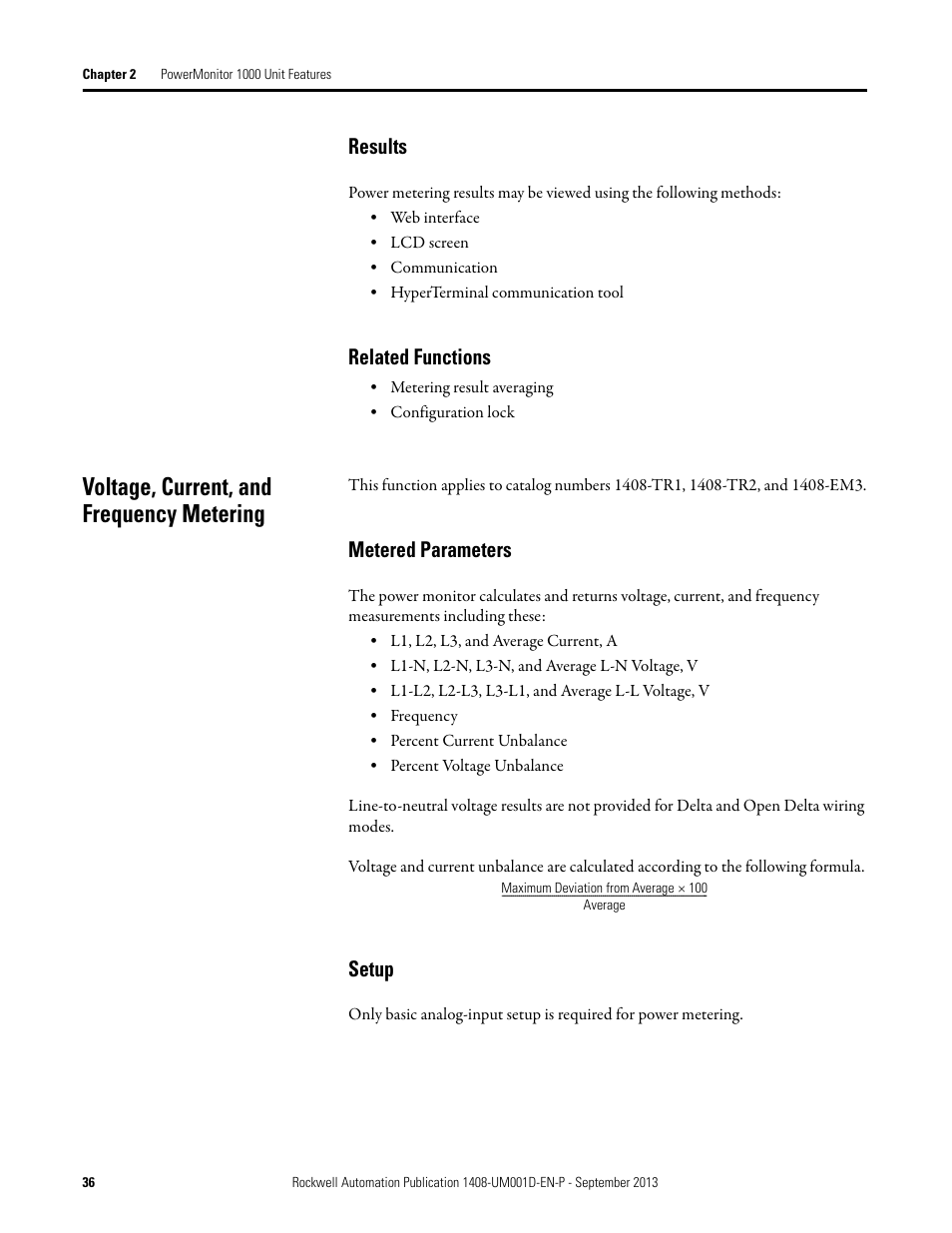 Results, Related functions, Voltage, current, and frequency metering | Metered parameters, Setup | Rockwell Automation 1408-EMxx PowerMonitor 1000 Unit User Manual | Page 36 / 134