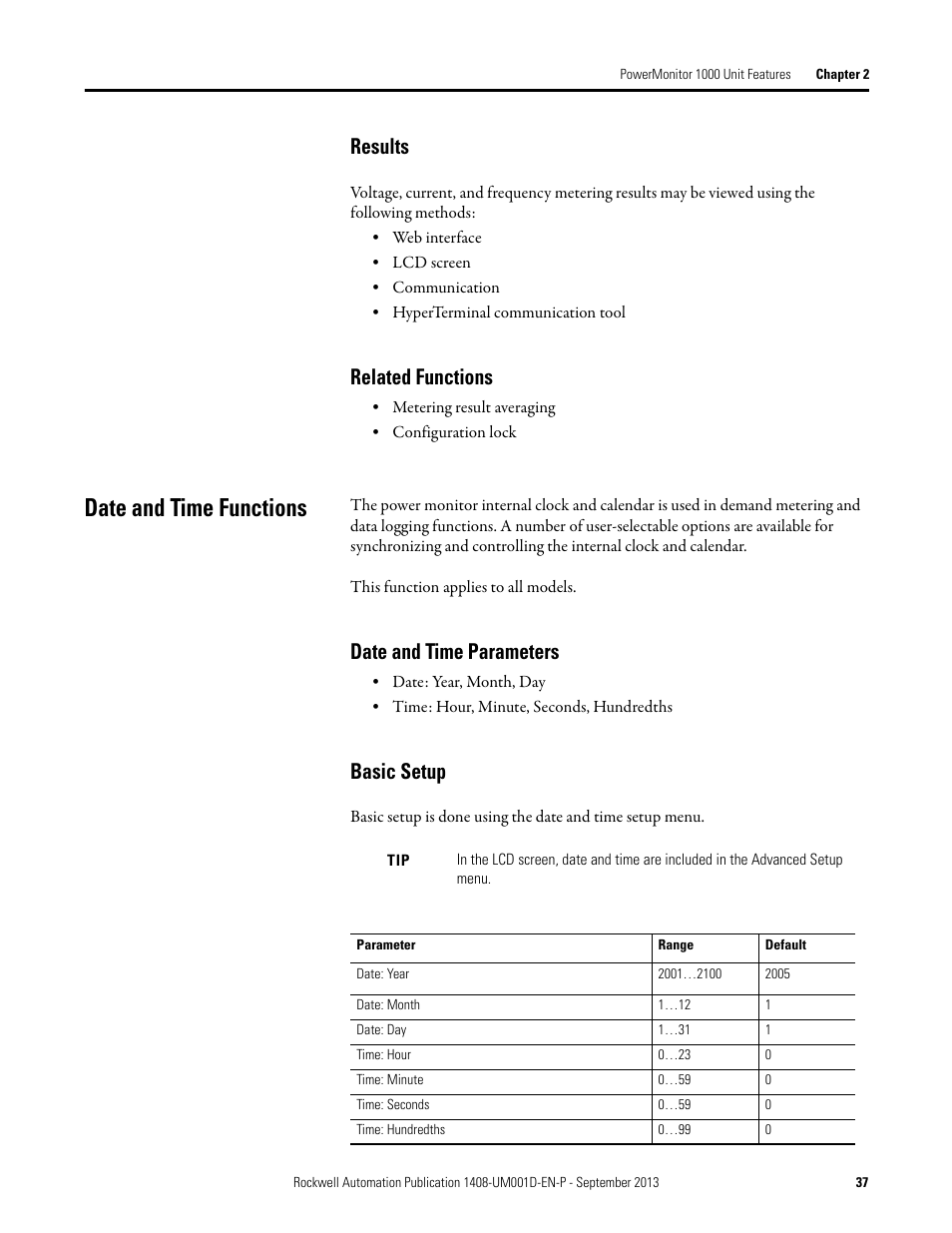 Results, Related functions, Date and time functions | Date and time parameters, Basic setup | Rockwell Automation 1408-EMxx PowerMonitor 1000 Unit User Manual | Page 37 / 134