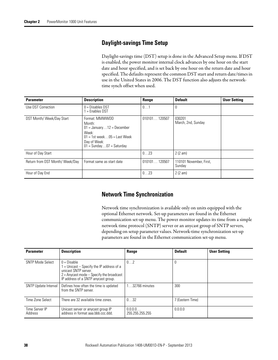 Daylight-savings time setup, Network time synchronization | Rockwell Automation 1408-EMxx PowerMonitor 1000 Unit User Manual | Page 38 / 134