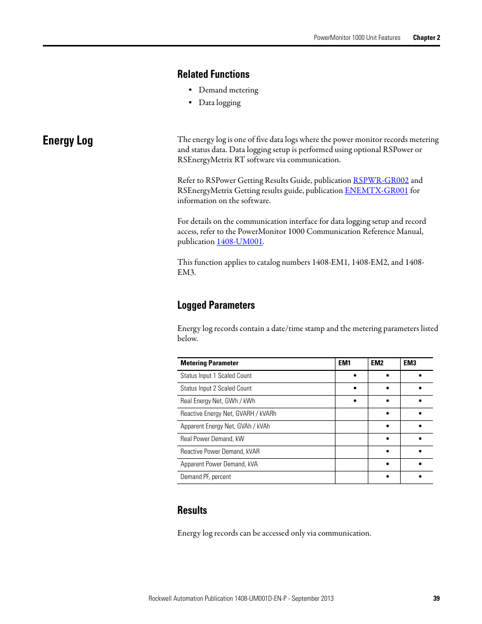Related functions, Energy log, Logged parameters | Results | Rockwell Automation 1408-EMxx PowerMonitor 1000 Unit User Manual | Page 39 / 134
