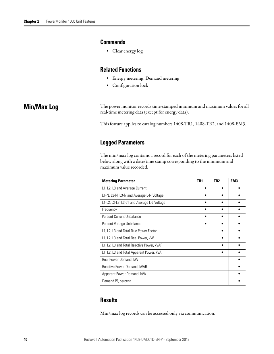 Commands, Related functions, Min/max log | Logged parameters, Results | Rockwell Automation 1408-EMxx PowerMonitor 1000 Unit User Manual | Page 40 / 134