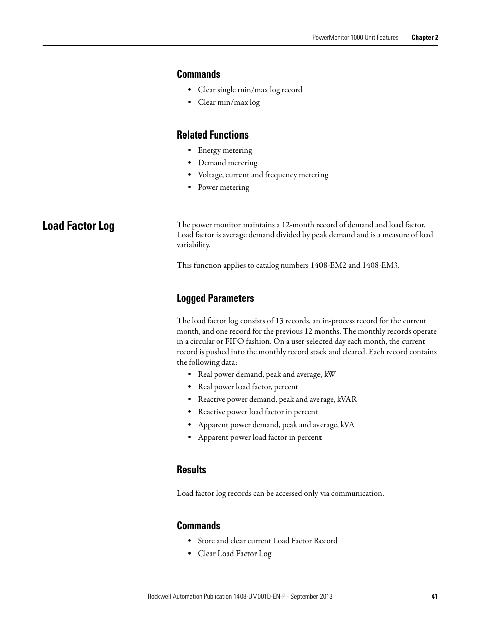 Commands, Related functions, Load factor log | Logged parameters, Results | Rockwell Automation 1408-EMxx PowerMonitor 1000 Unit User Manual | Page 41 / 134