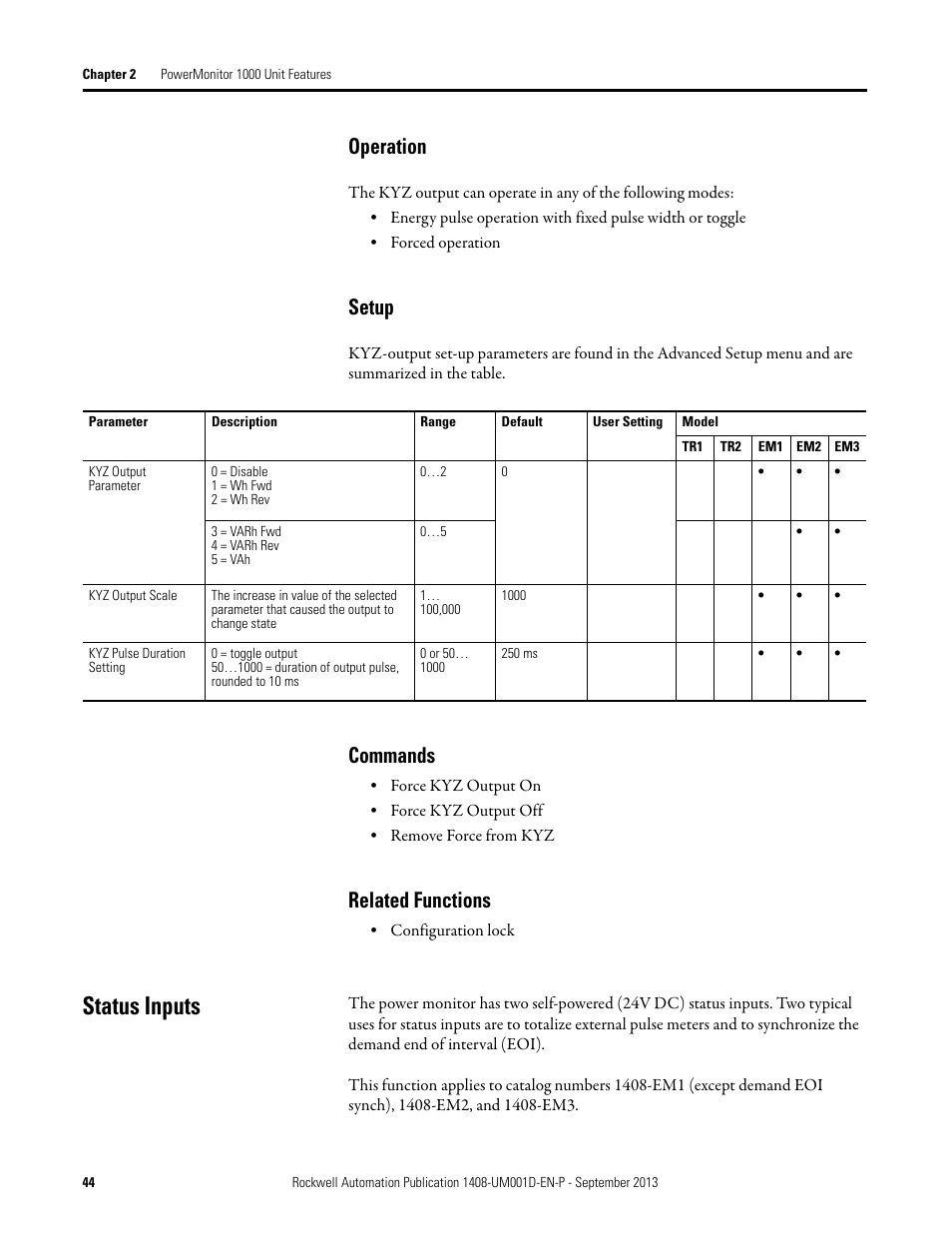 Operation, Setup, Commands | Related functions, Status inputs | Rockwell Automation 1408-EMxx PowerMonitor 1000 Unit User Manual | Page 44 / 134