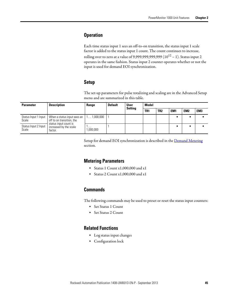 Operation, Setup, Metering parameters | Commands, Related functions | Rockwell Automation 1408-EMxx PowerMonitor 1000 Unit User Manual | Page 45 / 134