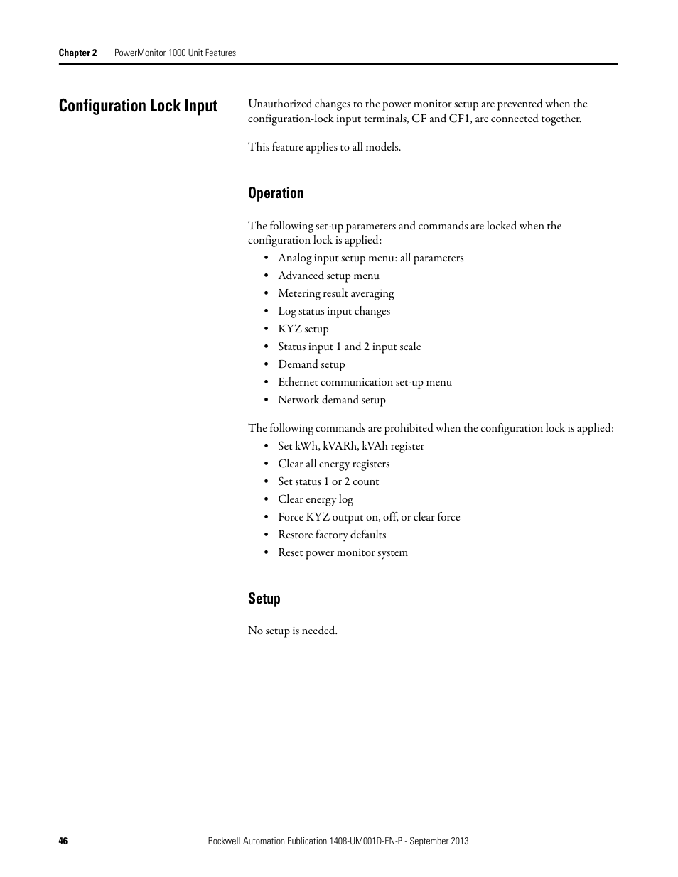 Configuration lock input, Operation, Setup | Configuration, Lock input | Rockwell Automation 1408-EMxx PowerMonitor 1000 Unit User Manual | Page 46 / 134