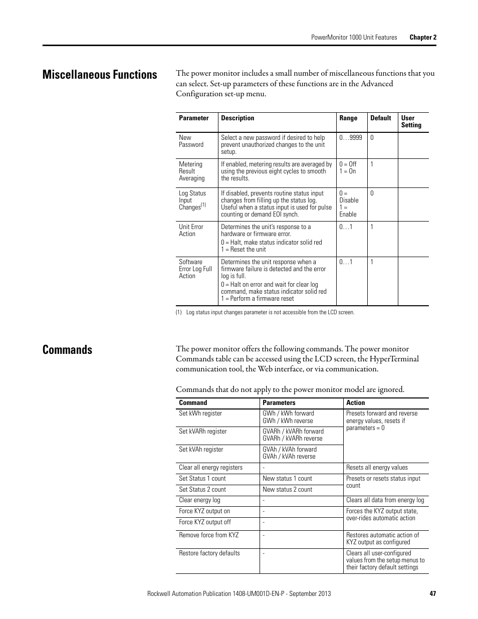 Miscellaneous functions, Commands | Rockwell Automation 1408-EMxx PowerMonitor 1000 Unit User Manual | Page 47 / 134