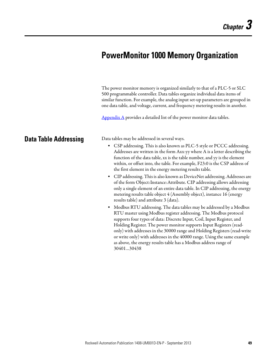 3 - powermonitor 1000 memory organization, Data table addressing, Chapter 3 | Powermonitor 1000 memory, Organization, Chapter | Rockwell Automation 1408-EMxx PowerMonitor 1000 Unit User Manual | Page 49 / 134