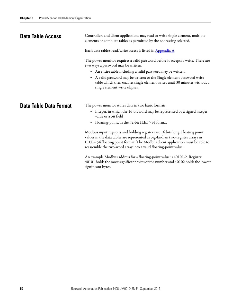 Data table access, Data table data format | Rockwell Automation 1408-EMxx PowerMonitor 1000 Unit User Manual | Page 50 / 134