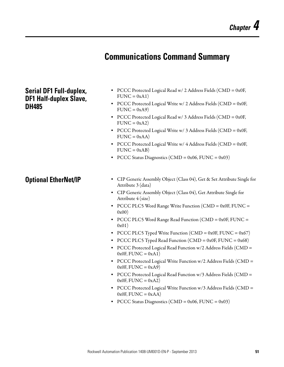 4 - communications command summary, Optional ethernet/ip, Chapter 4 | Communications command, Summary, Communications command summary, Chapter | Rockwell Automation 1408-EMxx PowerMonitor 1000 Unit User Manual | Page 51 / 134
