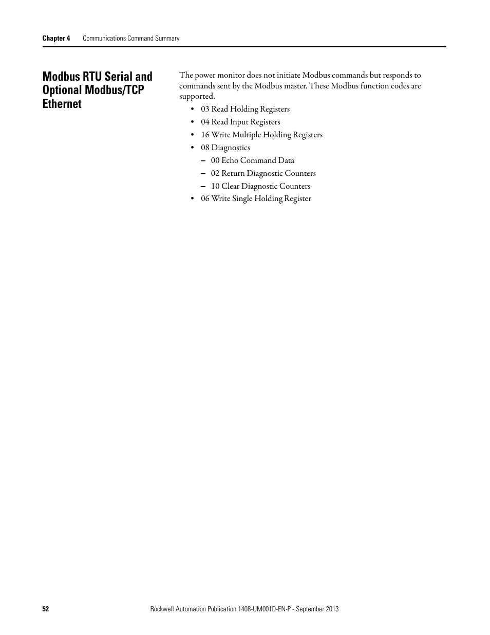 Modbus rtu serial and optional modbus/tcp ethernet | Rockwell Automation 1408-EMxx PowerMonitor 1000 Unit User Manual | Page 52 / 134