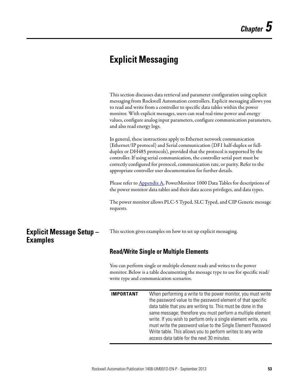 5 - explicit messaging, Explicit message setup – examples, Chapter 5 | Explicit messaging, Chapter | Rockwell Automation 1408-EMxx PowerMonitor 1000 Unit User Manual | Page 53 / 134