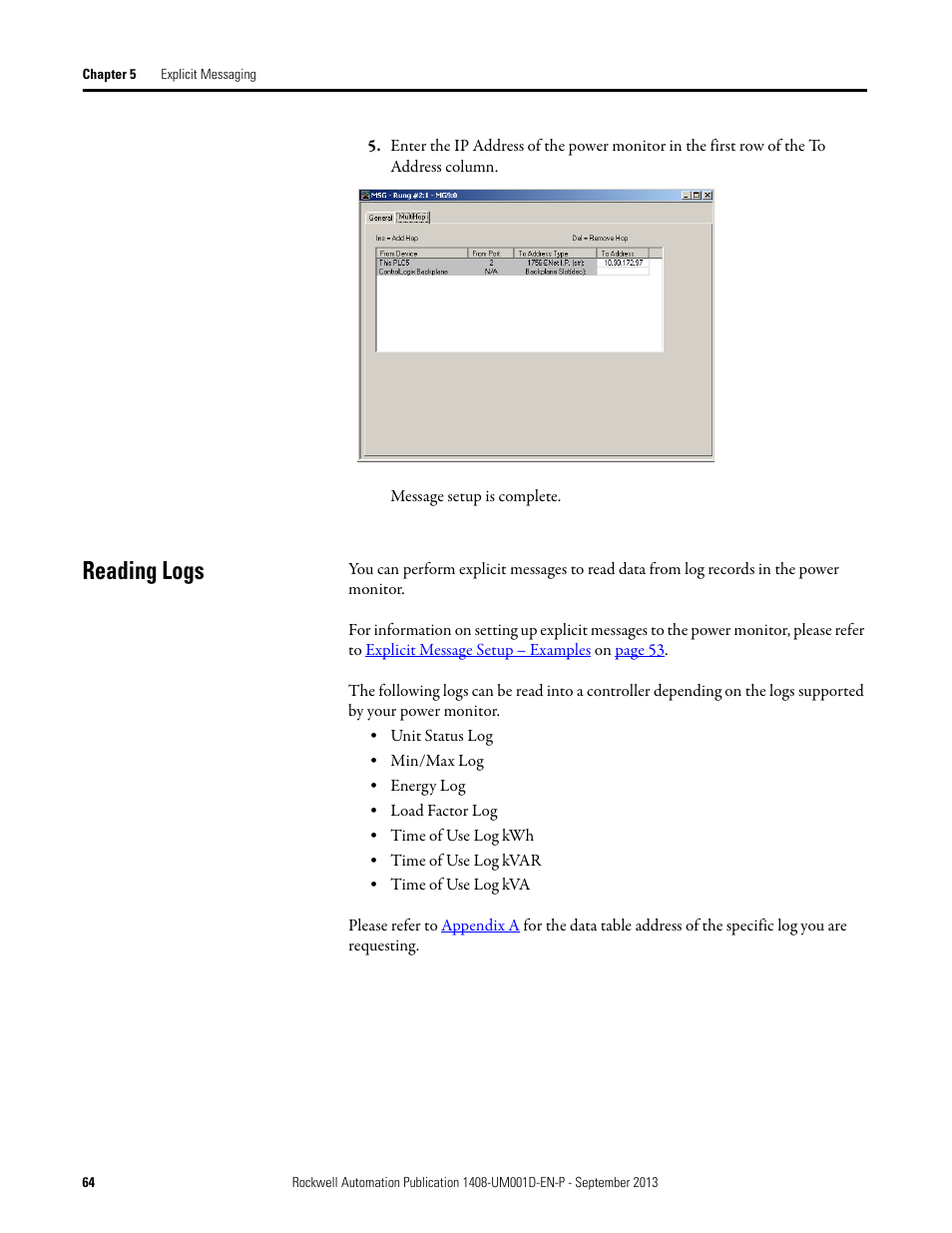 Reading logs | Rockwell Automation 1408-EMxx PowerMonitor 1000 Unit User Manual | Page 64 / 134