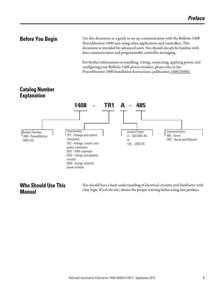 Preface, Before you begin, Catalog number explanation | Who should use this manual, Preface before you begin | Rockwell Automation 1408-EMxx PowerMonitor 1000 Unit User Manual | Page 7 / 134