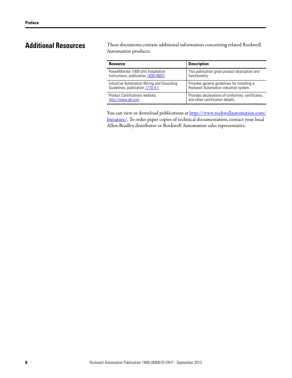 Additional resources | Rockwell Automation 1408-EMxx PowerMonitor 1000 Unit User Manual | Page 8 / 134