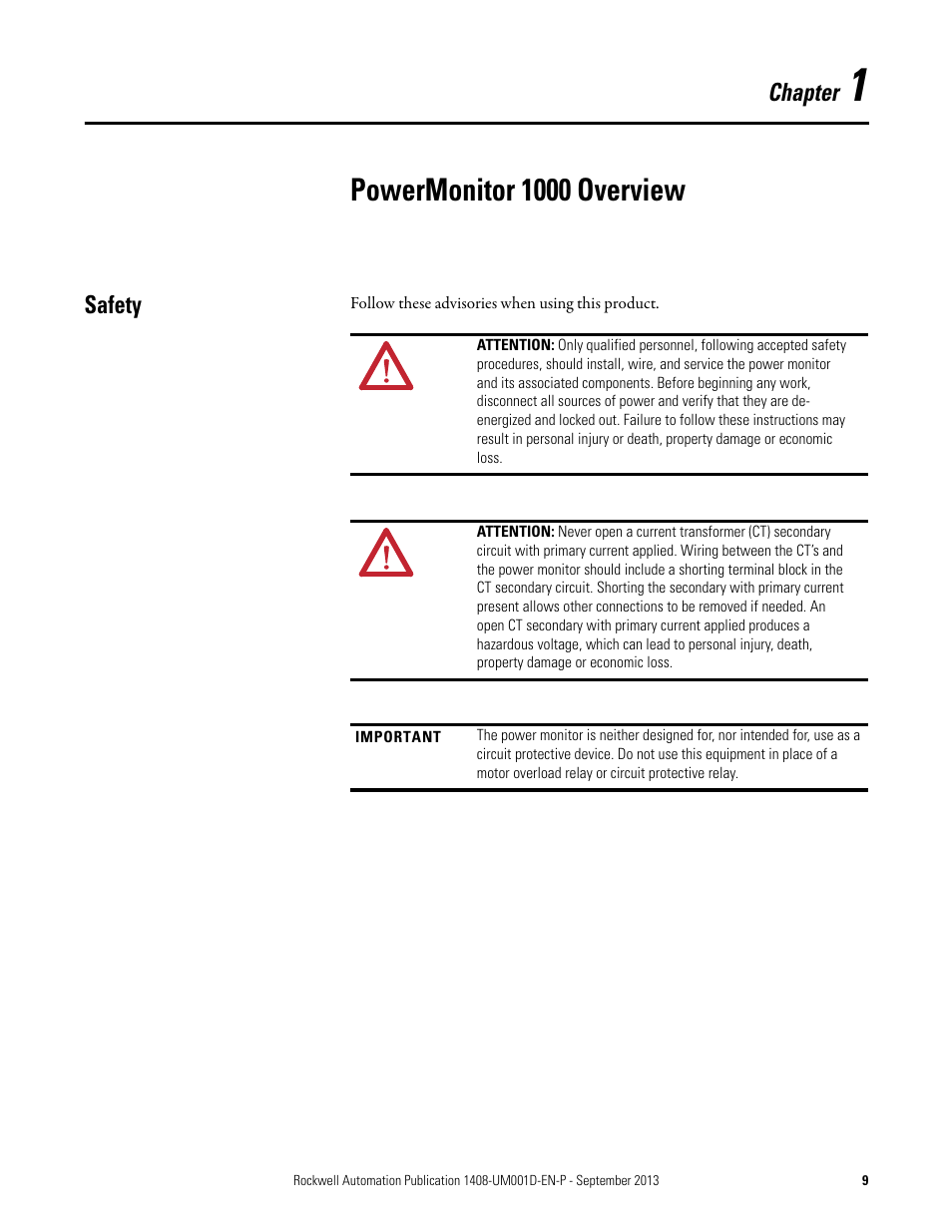 1 - powermonitor 1000 overview, Safety, Chapter 1 | Powermonitor 1000 overview | Rockwell Automation 1408-EMxx PowerMonitor 1000 Unit User Manual | Page 9 / 134