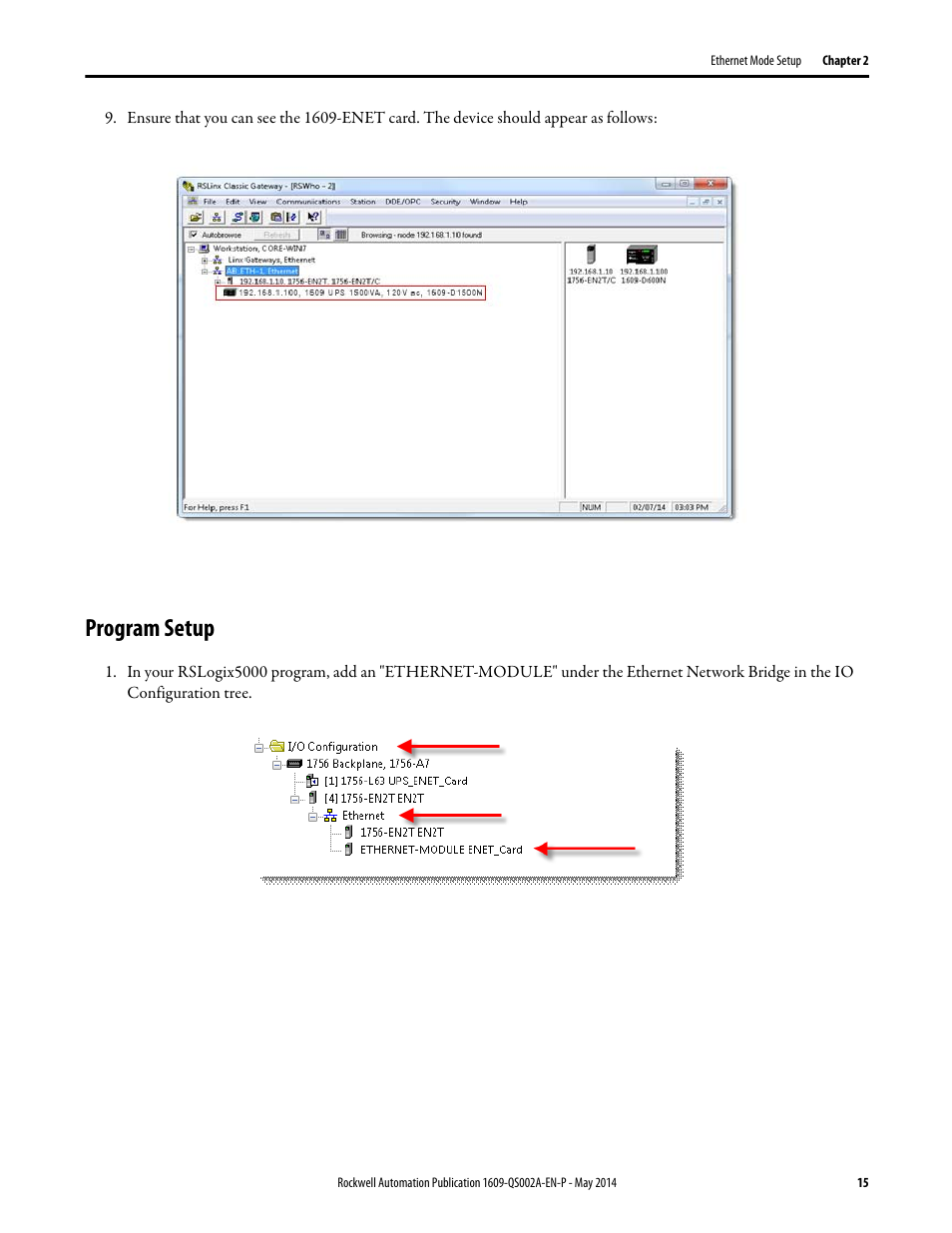 Program setup | Rockwell Automation 1609-ENET Ethernet Network Card Quick Start User Manual | Page 15 / 31