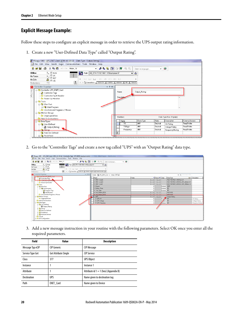 Explicit message example | Rockwell Automation 1609-ENET Ethernet Network Card Quick Start User Manual | Page 20 / 31