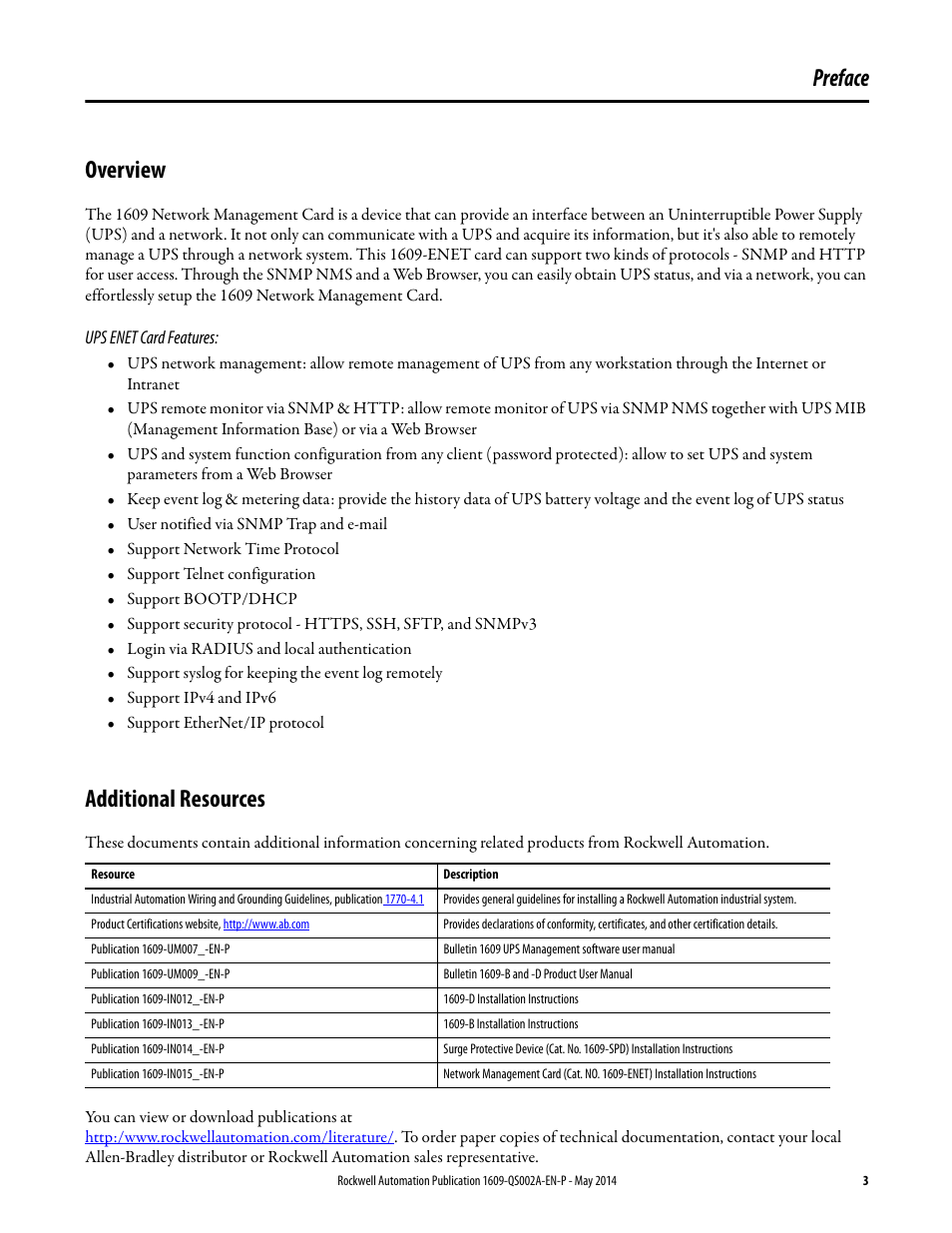 Preface overview, Additional resources | Rockwell Automation 1609-ENET Ethernet Network Card Quick Start User Manual | Page 3 / 31