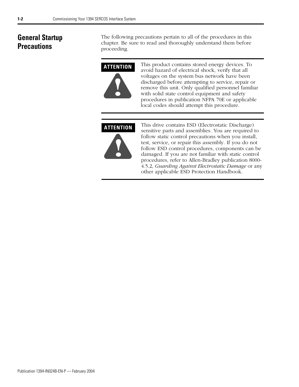 General startup precautions, General startup precautions -2 | Rockwell Automation 1394 SERCOS Interface Multi-Axis Motion Control System User Manual | Page 10 / 87