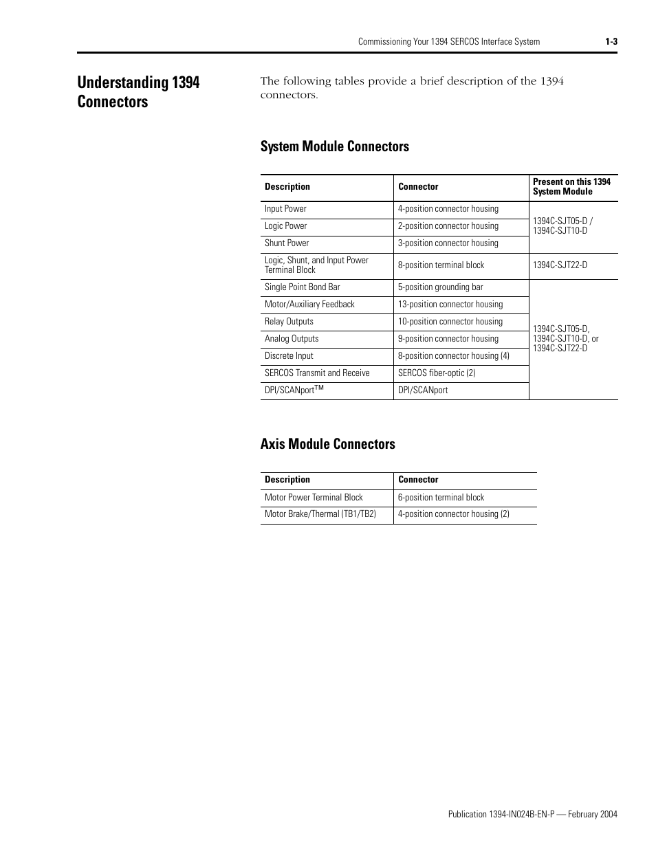 Understanding 1394 connectors, System module connectors, Axis module connectors | Understanding 1394 connectors -3, System module connectors axis module connectors | Rockwell Automation 1394 SERCOS Interface Multi-Axis Motion Control System User Manual | Page 11 / 87