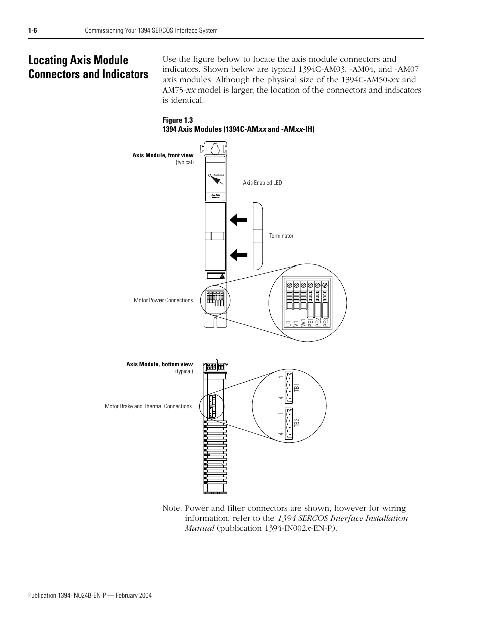 Locating axis module connectors and indicators, Locating axis module connectors and indicators -6 | Rockwell Automation 1394 SERCOS Interface Multi-Axis Motion Control System User Manual | Page 14 / 87