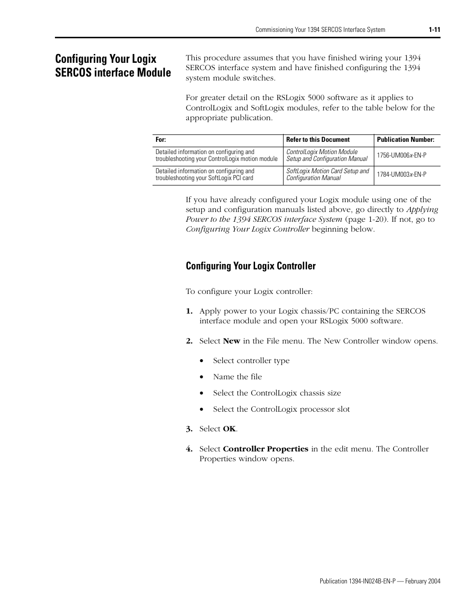 Configuring your logix sercos interface module, Configuring your logix controller, Configuring your logix sercos interface module -11 | Configuring your logix controller -11 | Rockwell Automation 1394 SERCOS Interface Multi-Axis Motion Control System User Manual | Page 19 / 87