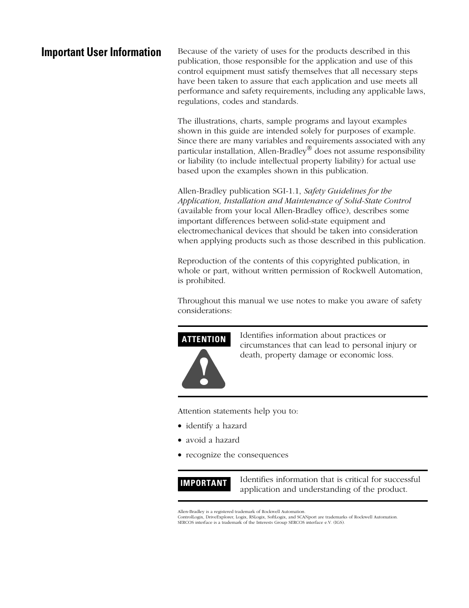 Important user information | Rockwell Automation 1394 SERCOS Interface Multi-Axis Motion Control System User Manual | Page 2 / 87